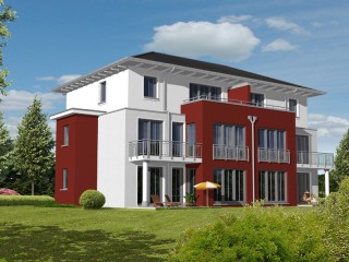 Mehrfamilienhaus Terrassenbereich rot/ wei�